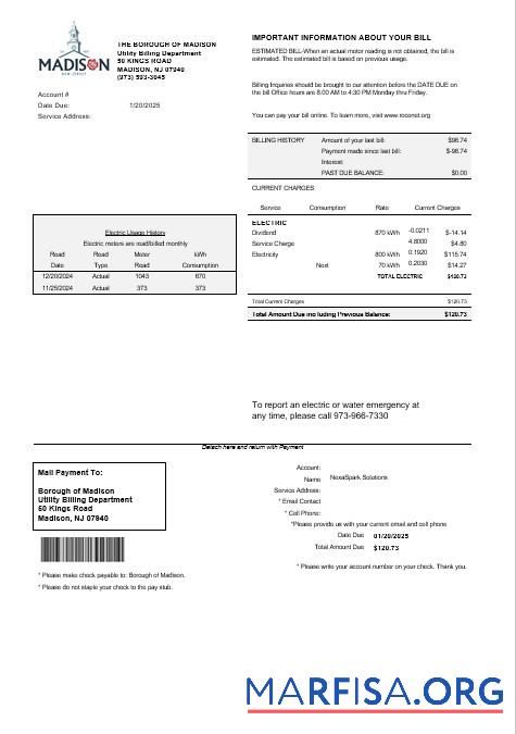 Downloadable USA New Jersey The Borough of Madison business utility bill template in Word and PDF formats